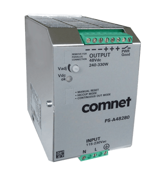 A silver ComNet industrial power supply unit with 48Vdc output and green terminal blocks