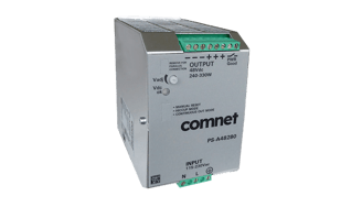 A silver ComNet industrial power supply unit with 48Vdc output and green terminal blocks