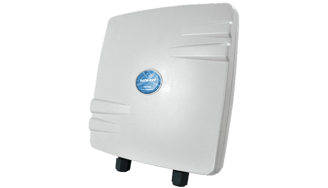 A white Netwave outdoor wireless radio or access point with a weatherproof casing