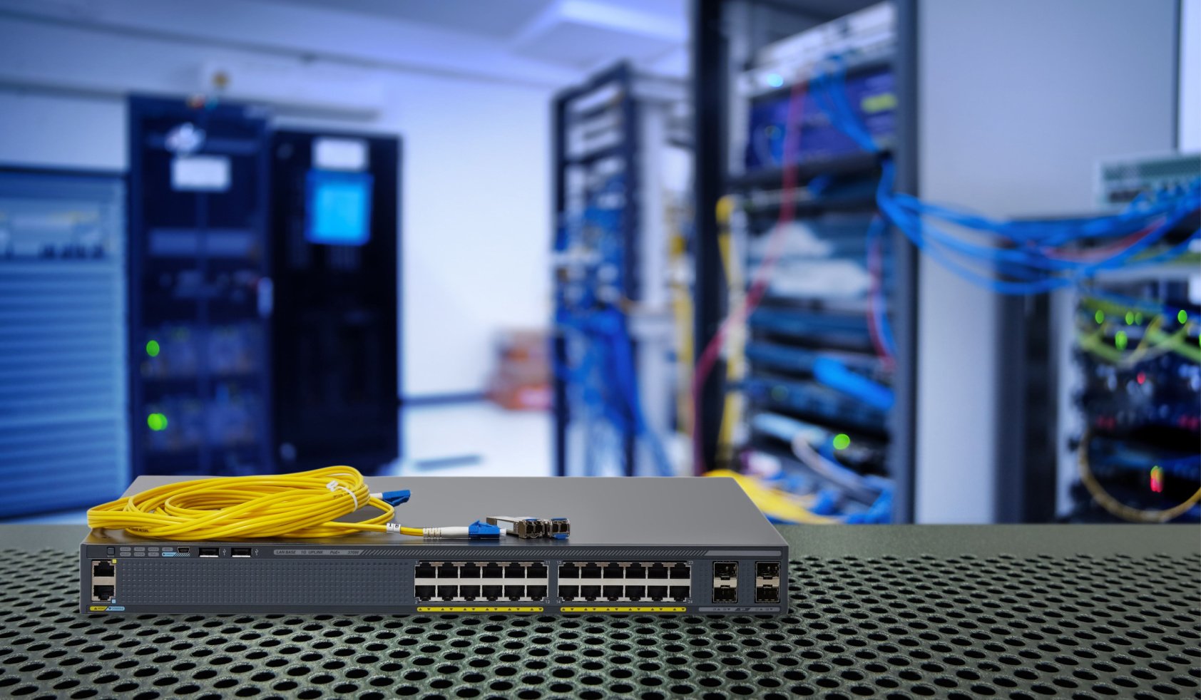 Fiber optic cable and Network switch 24 port gigabit and 4 port module with Power over Ethernet (PoE) function on port for high speed network in data center room