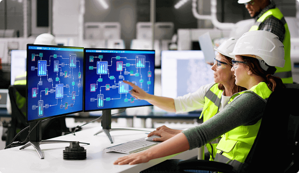 Two engineers in safety gear monitoring a complex industrial process control schematic on dual monitors