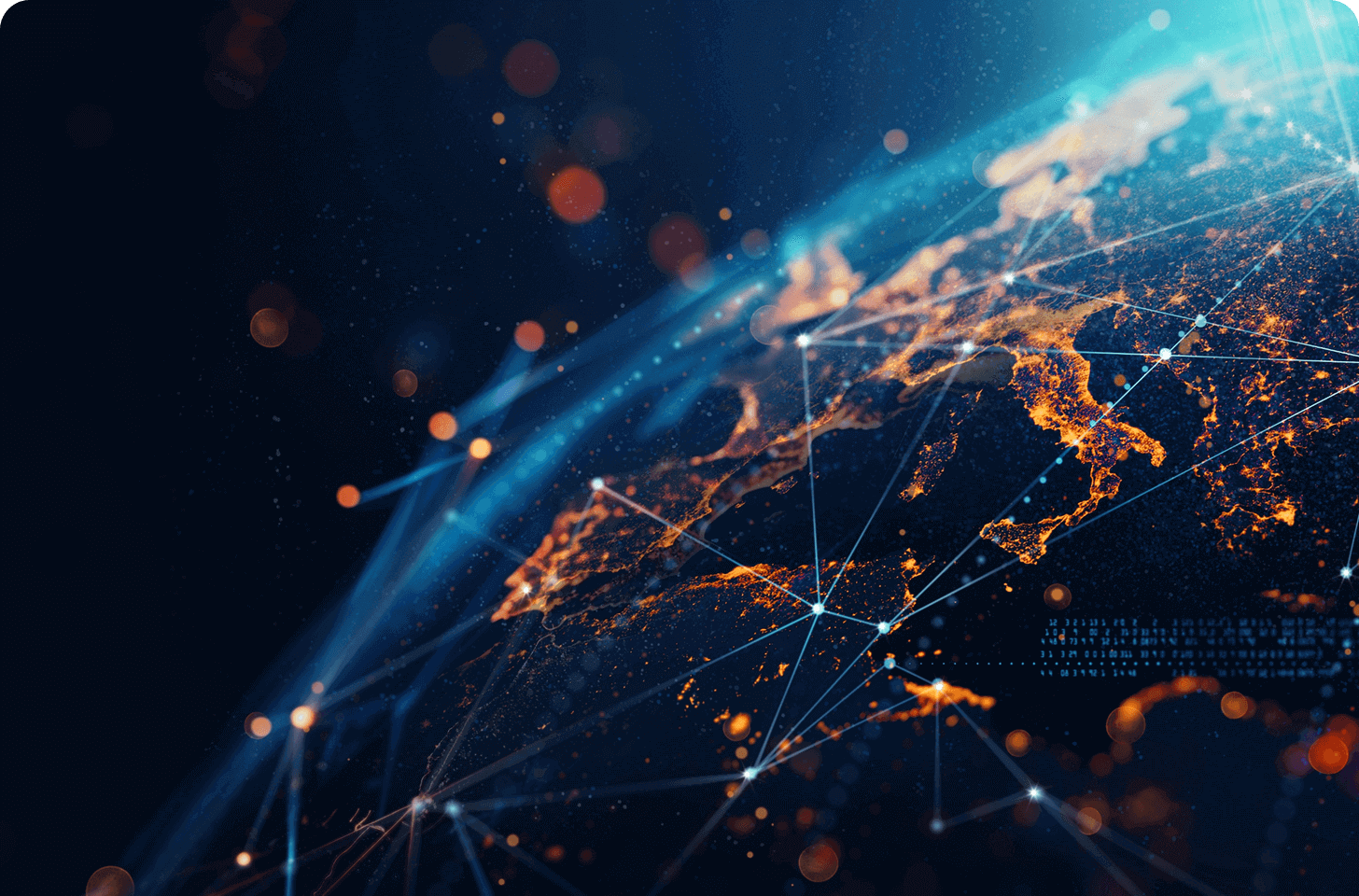 Close-up digital illustration of the Earth with an overlaid network of glowing blue lines and orange city lights, representing worldwide data connectivity
