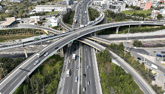 Busy highway interchange aerial view